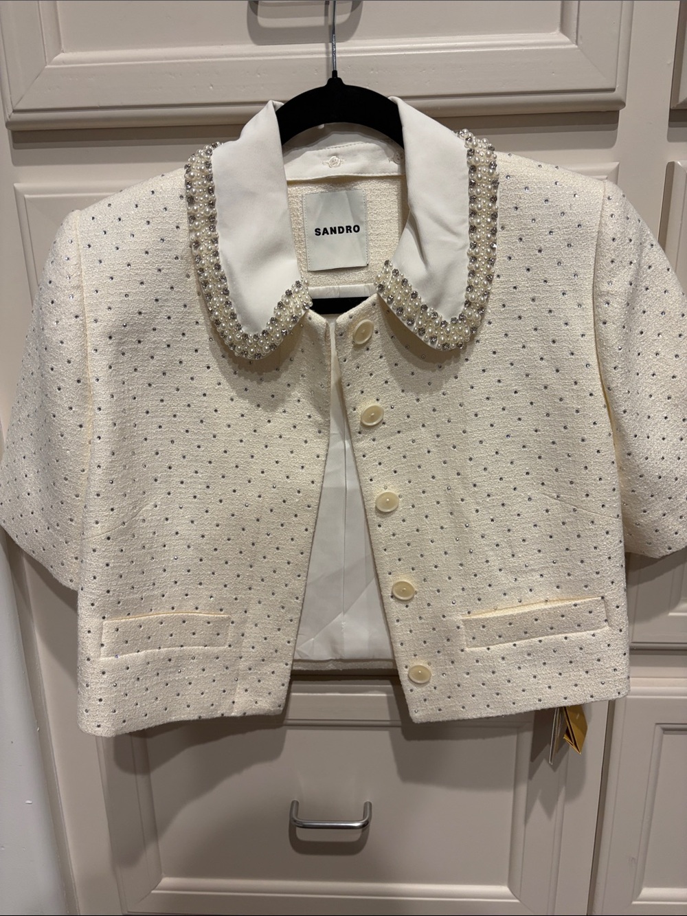 Sandro Cream Cropped Beaded-Collar Blazer